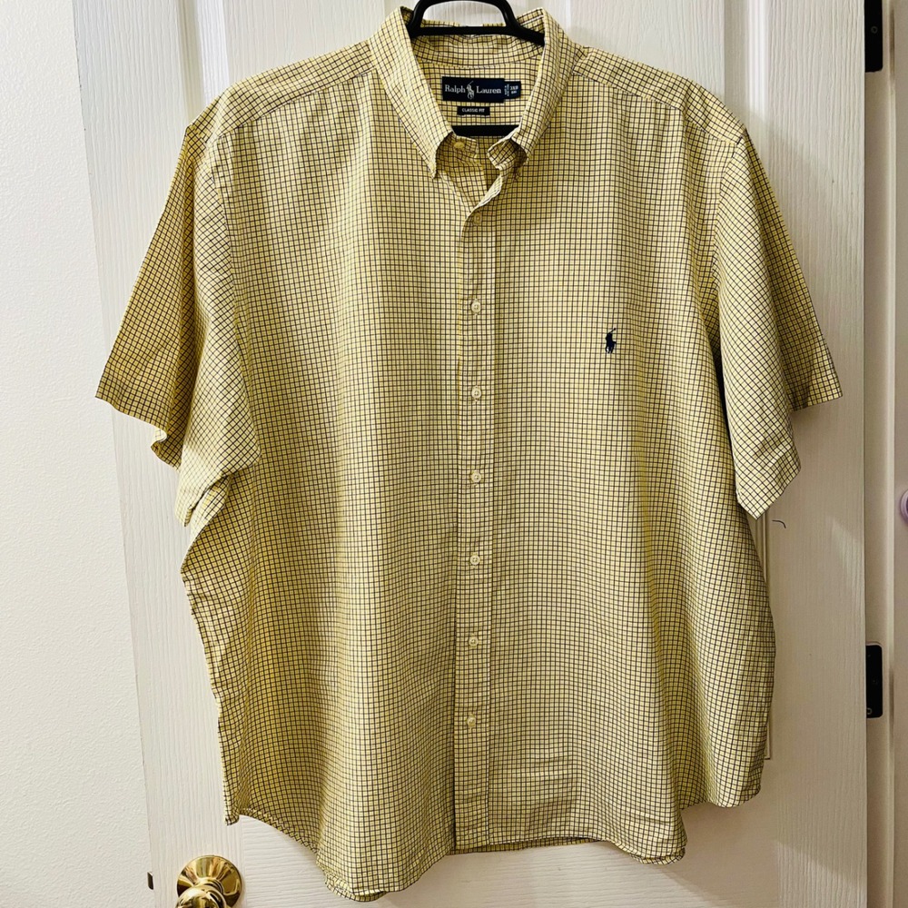 Ralph Lauren Classic Fit Button Down Shirt Mens 3XB Yellow Check Short Sleeve